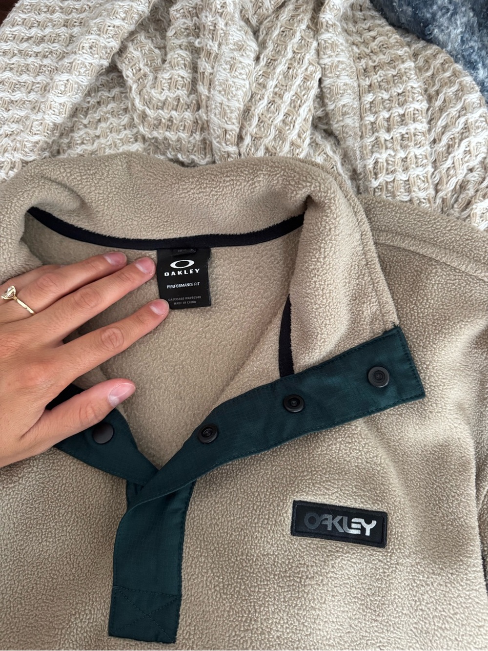 Oakley Tan Fleece Pullover with Dark Green Placket - Picture 2 of 2